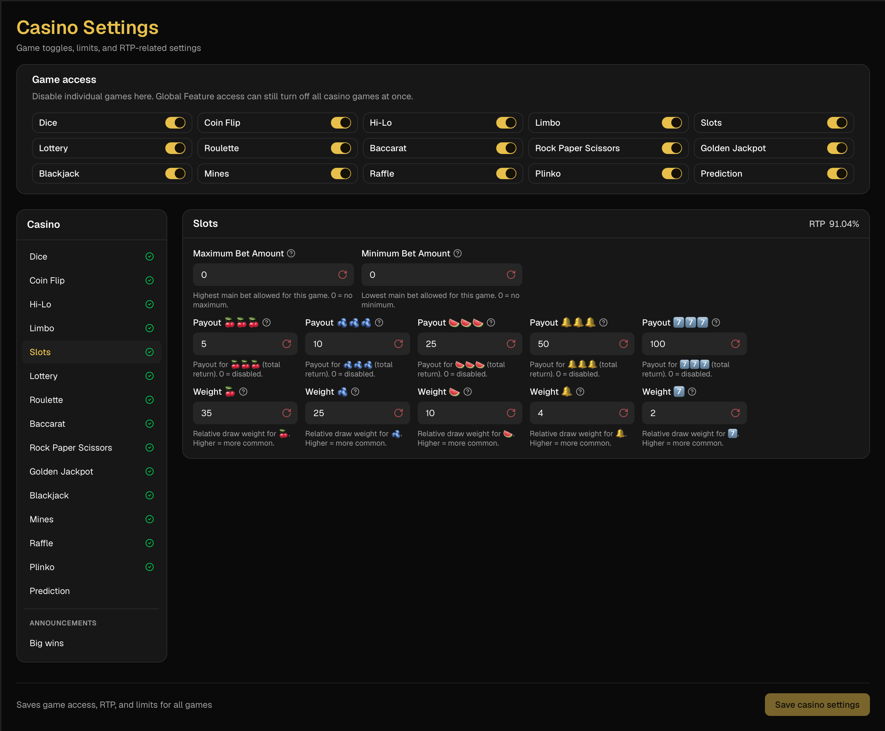 Casino settings with RTP preview